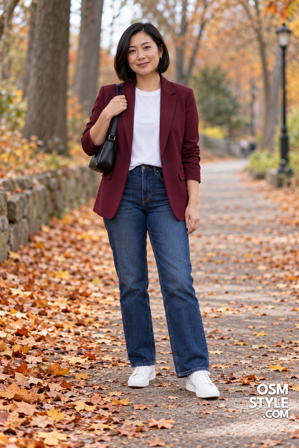 4. Burgundy Blazer and Everyday Denim