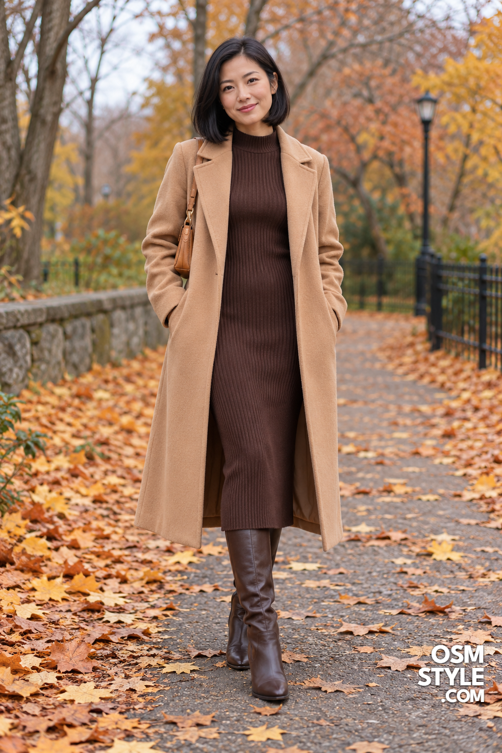 4. Camel Coat Over Chocolate Knit Dress