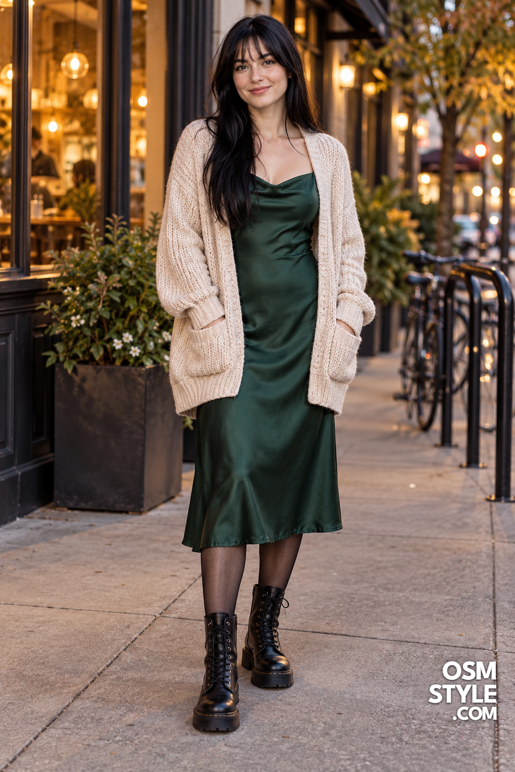 4. Combat Boots Under A Green Slip Dress