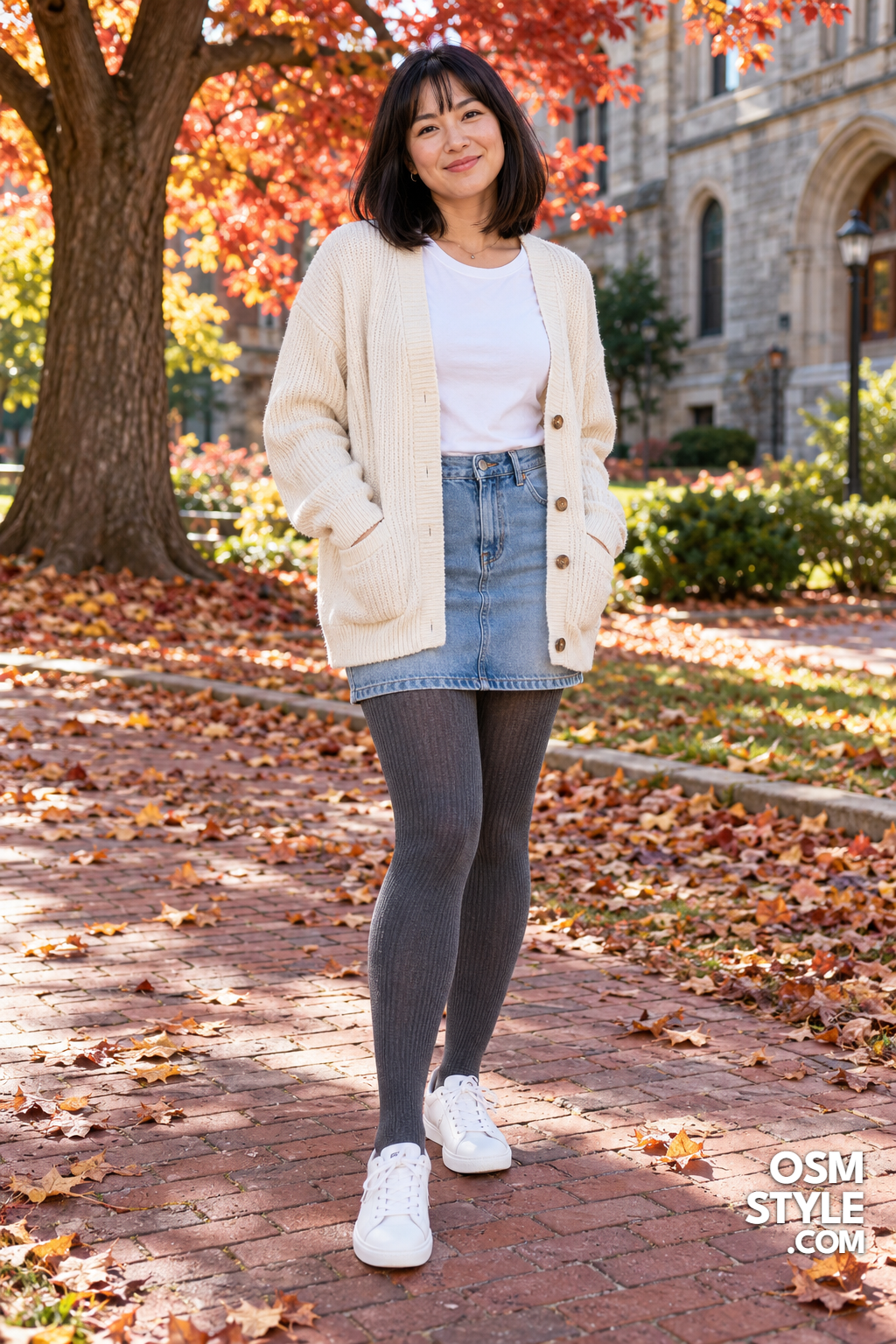 4. Gray Ribbed Tights Under Light Denim