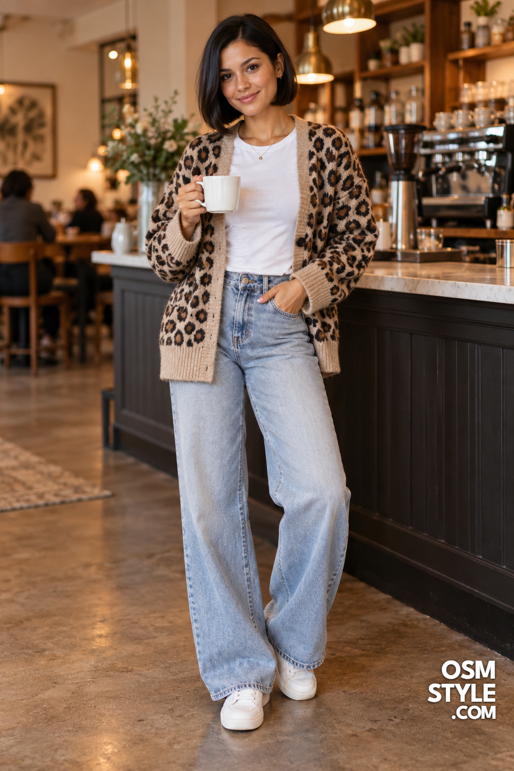 4. Oversized Leopard Cardigan and Wide Leg Jeans