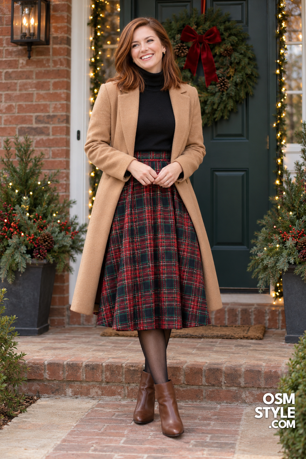4. Plaid Midi Skirt And Black Turtleneck