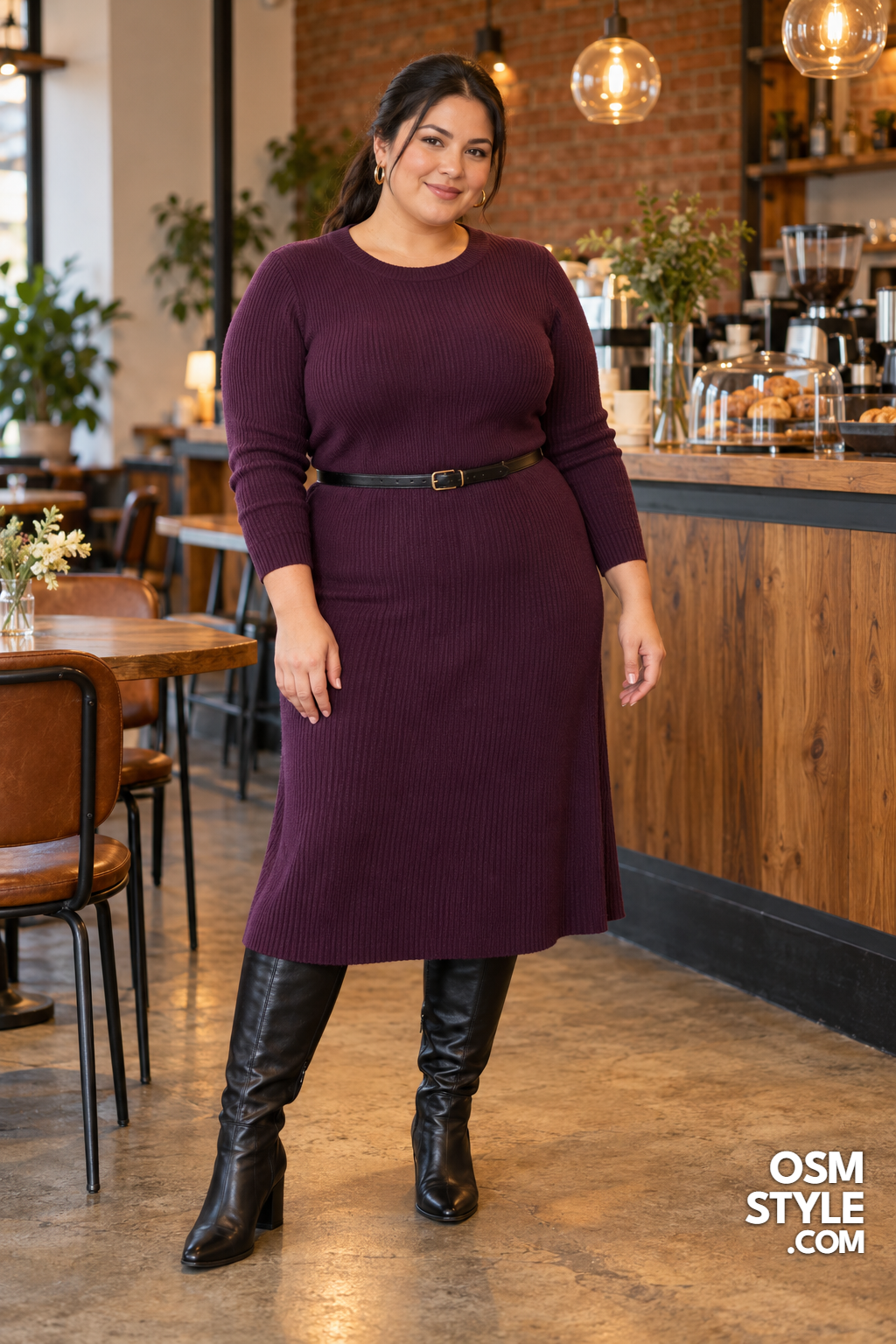 4. Plum Ribbed Midi Dress in a Cafe