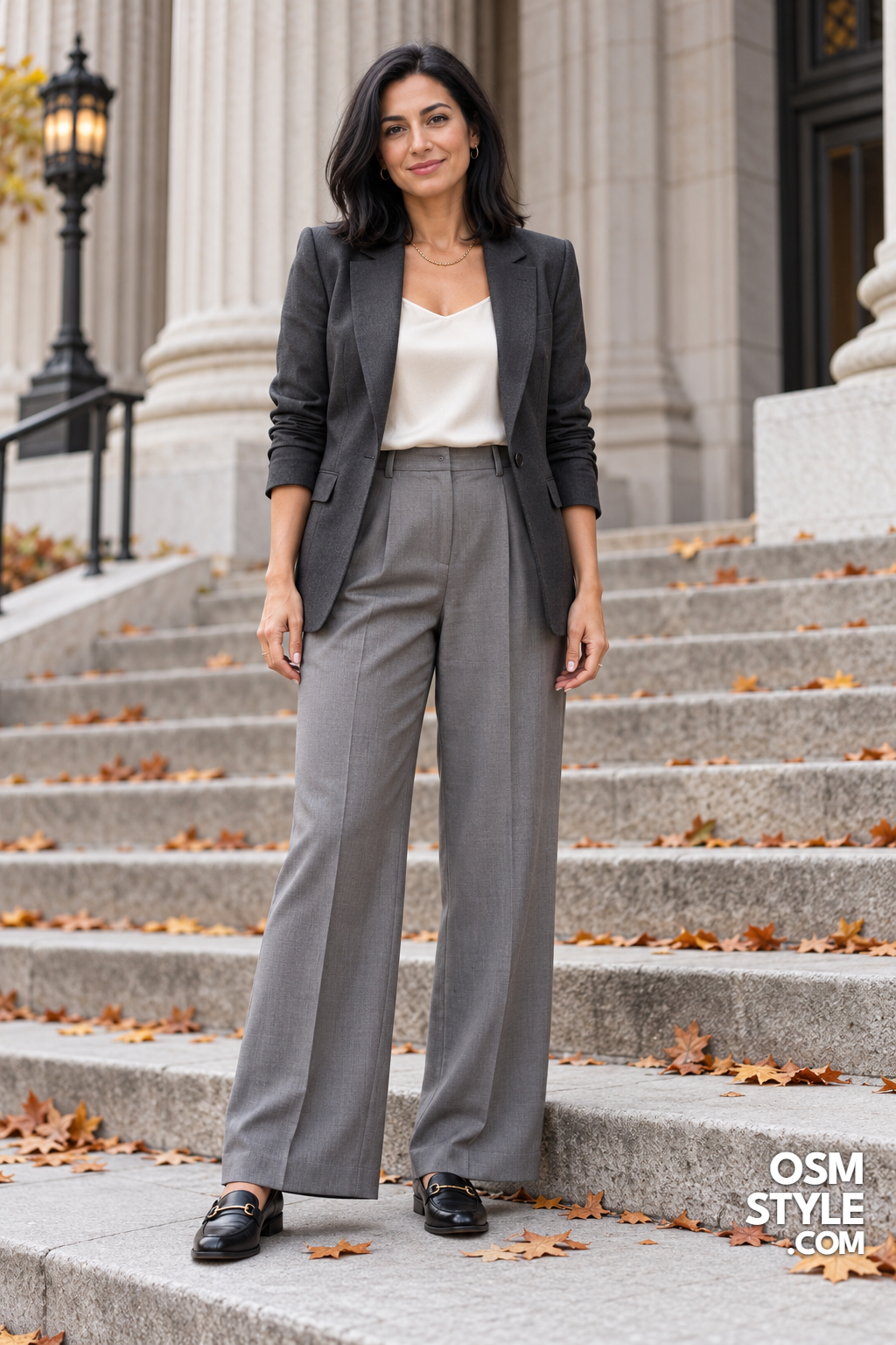 4.Charcoal Blazer, Wide Leg Trousers, Loafers