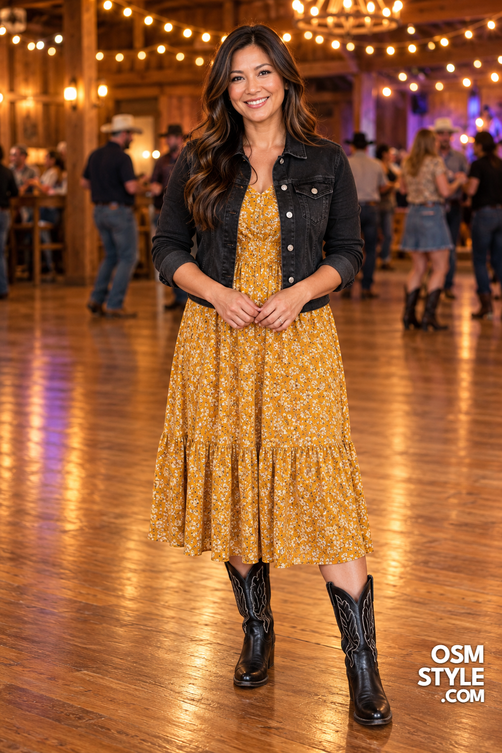 4.Mustard Floral Dress With Black Denim Jacket