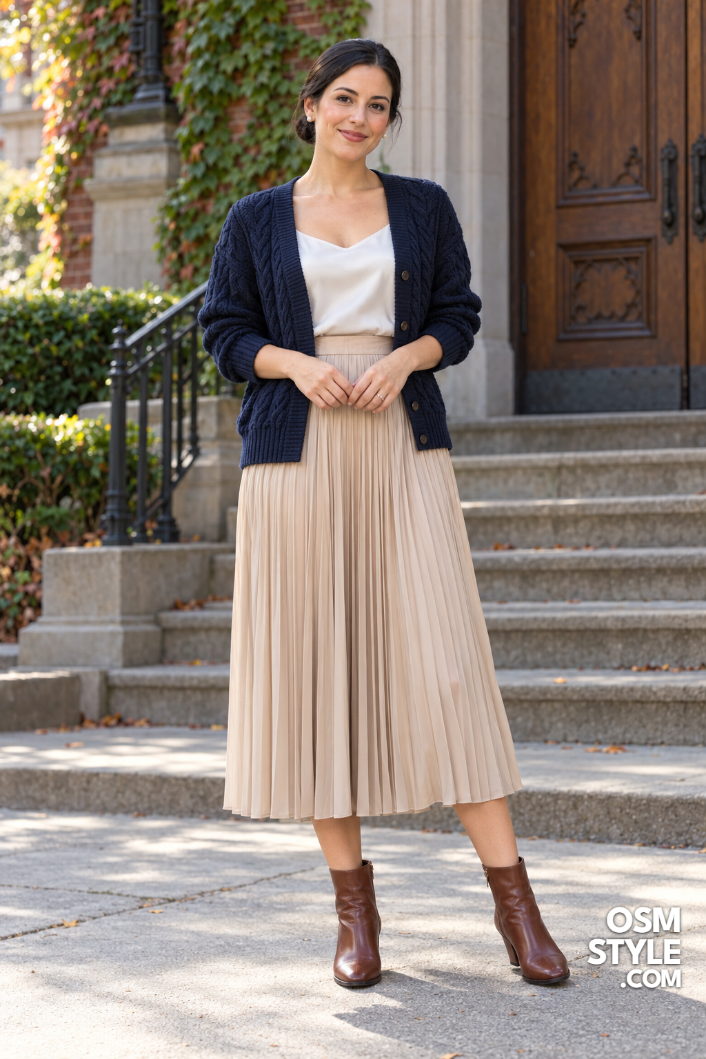 4.Navy Cardigan and Champagne Pleats