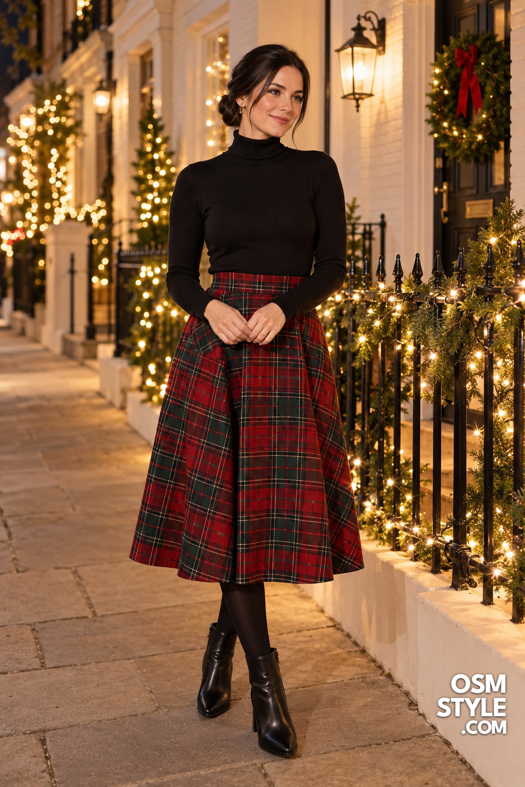 5. Black Turtleneck With Tartan Midi Skirt