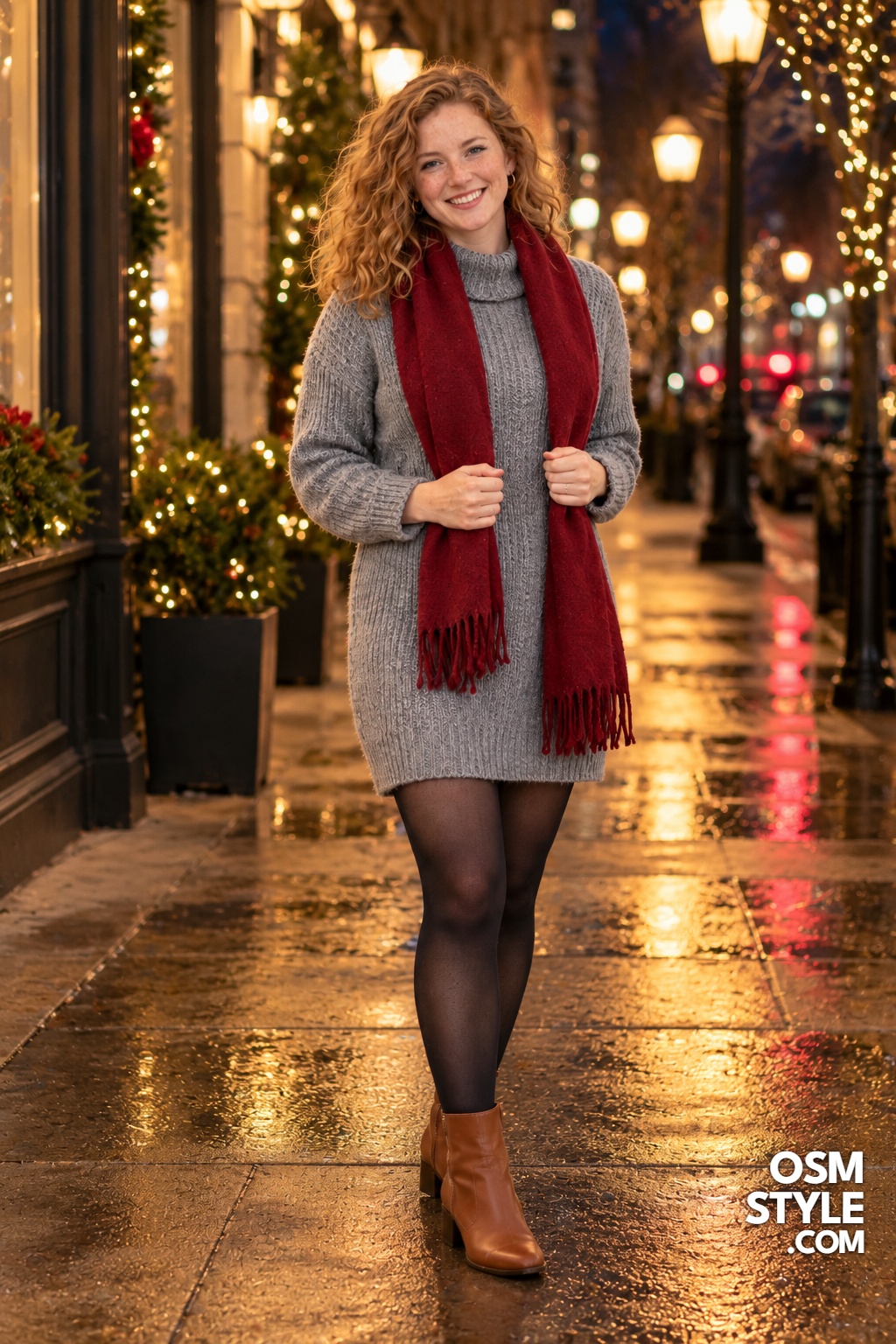 5. Chunky Gray Sweater Dress and Cognac Boots