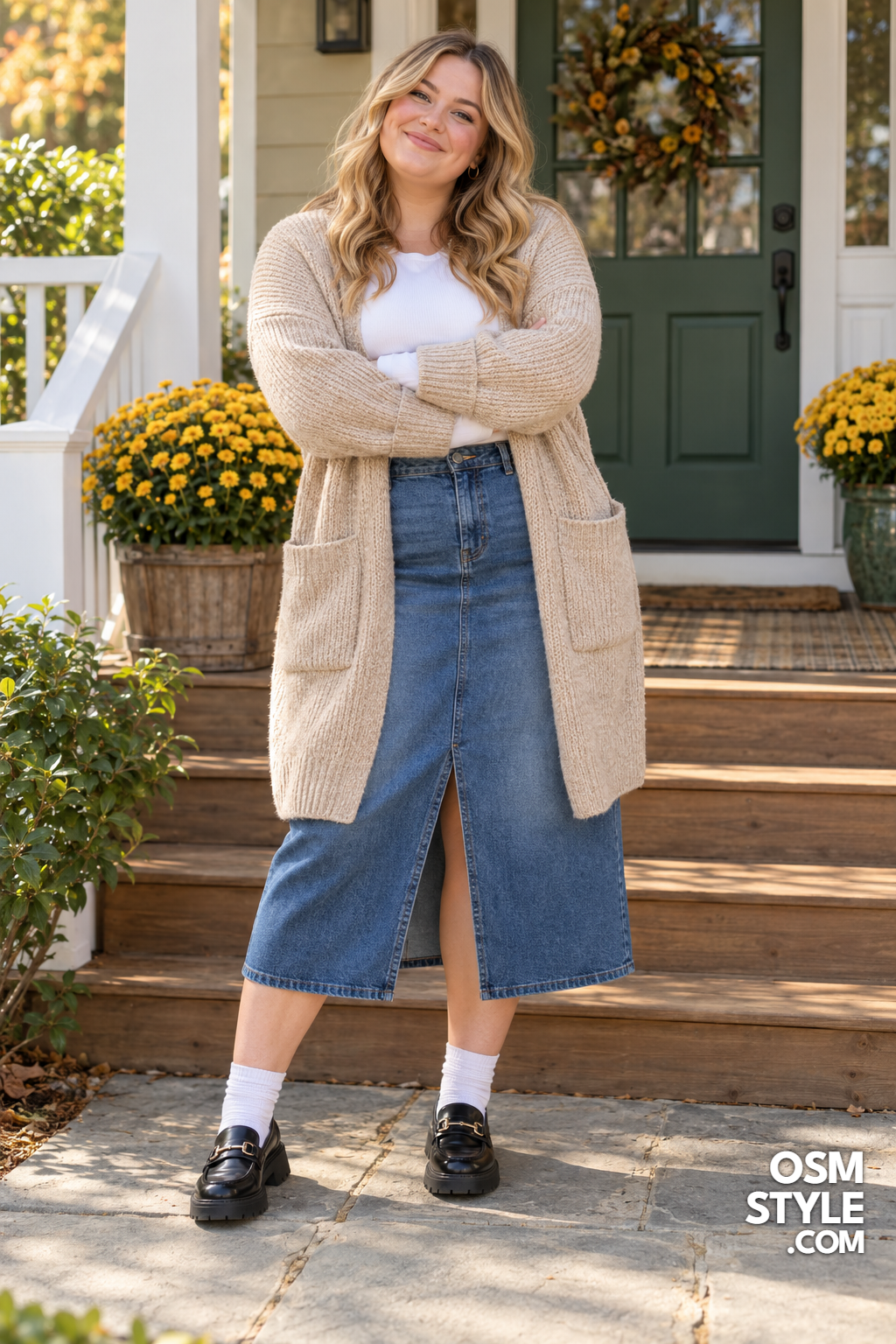 5. Denim Midi Skirt Under an Oatmeal Cardigan
