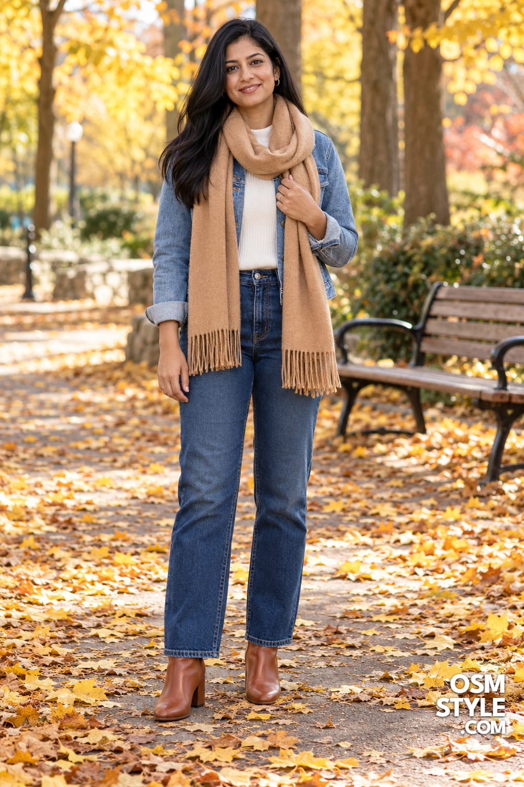 5. Denim On Denim With A Camel Scarf