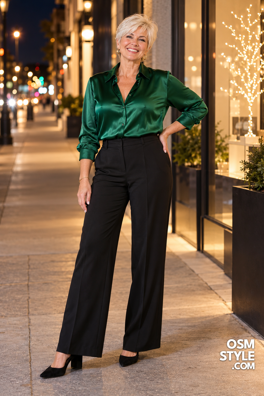 5. Emerald Satin Blouse and Wide Leg Trousers