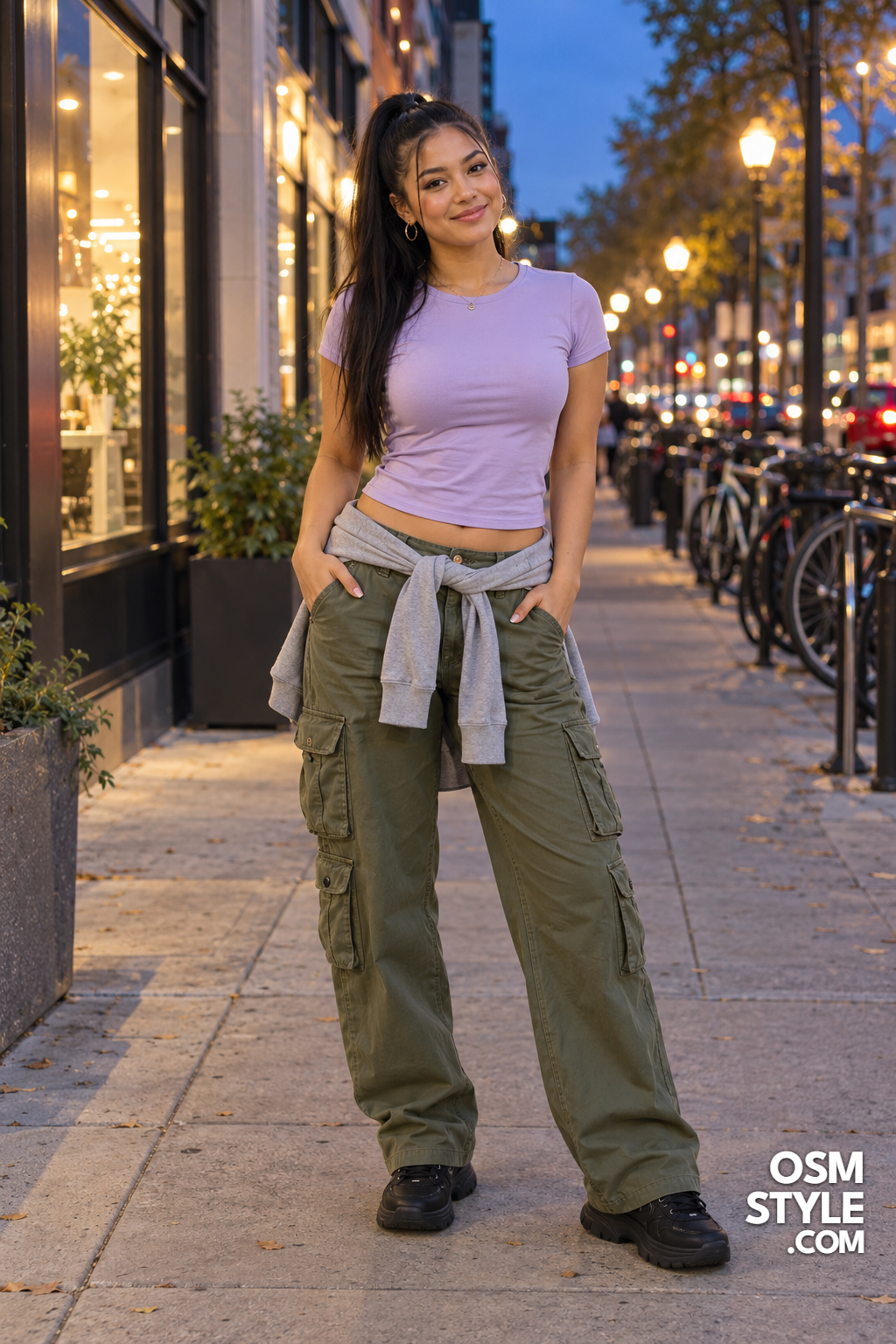 5. Olive Cargo Pants With Lilac Baby Tee