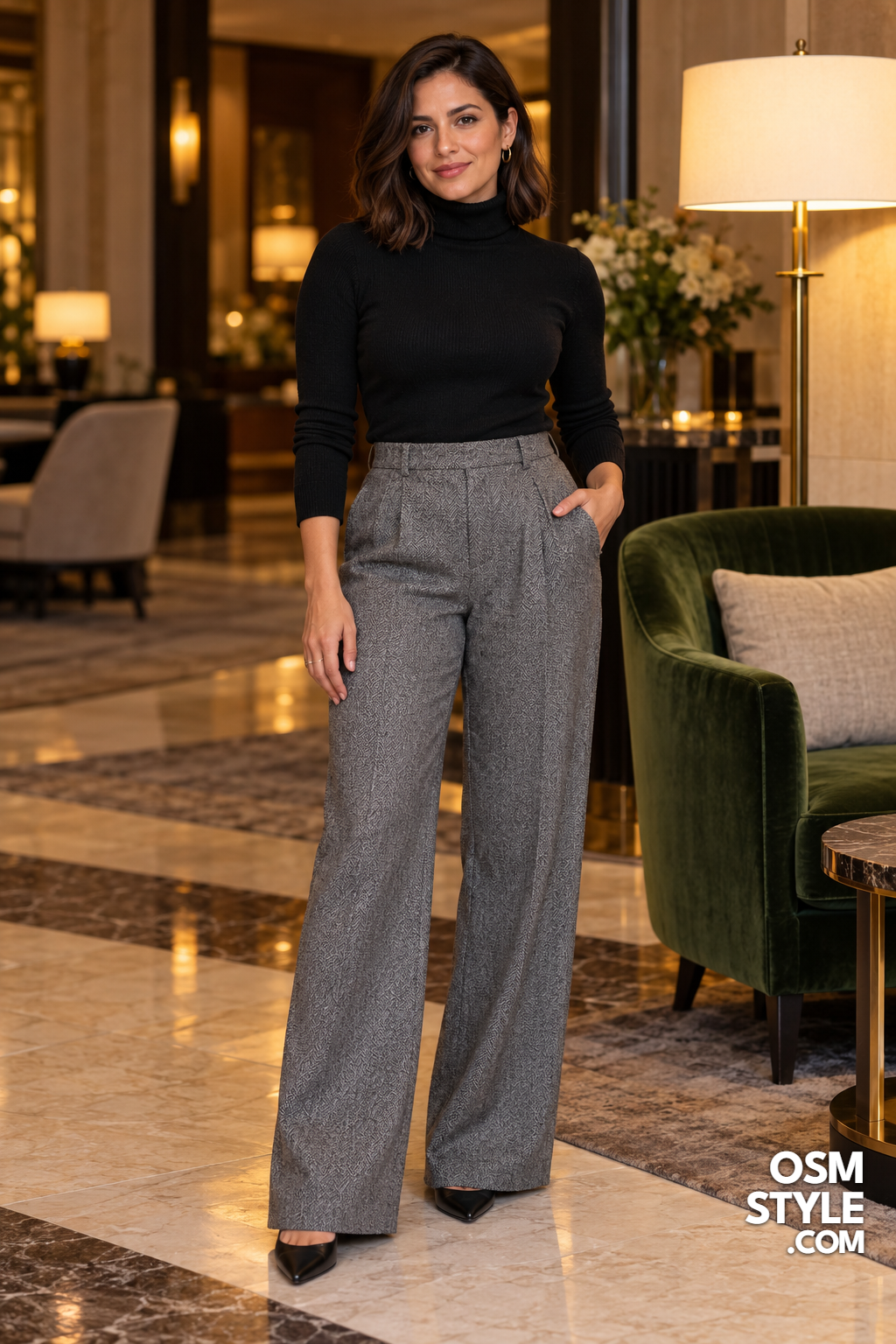 5.Black Turtleneck, Gray Trousers