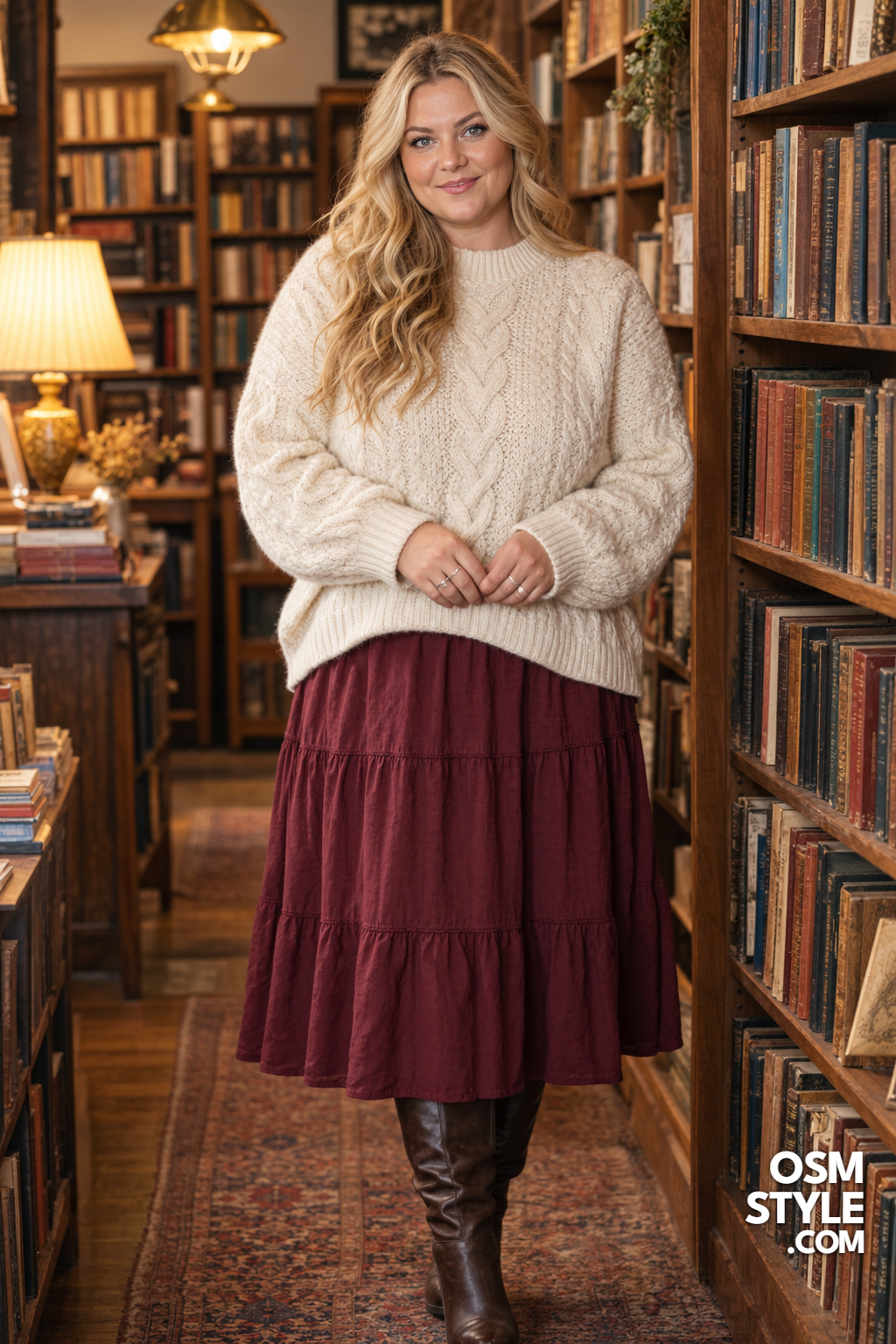 5.Burgundy Tiered Skirt With Cream Sweater