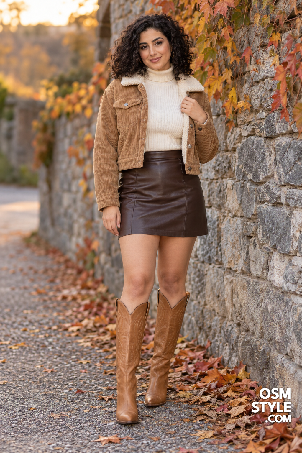 5.Chocolate Faux Leather Skirt With Sherpa Collar