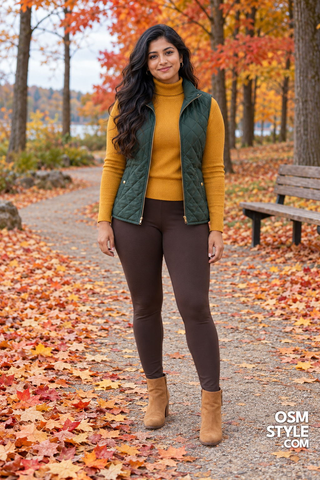 6. Quilted Green Vest and Mustard Turtleneck