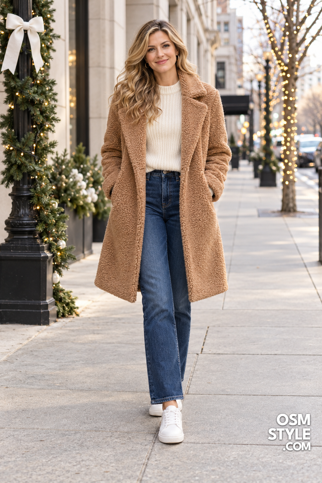 6. Camel Teddy Coat And Straight Jeans