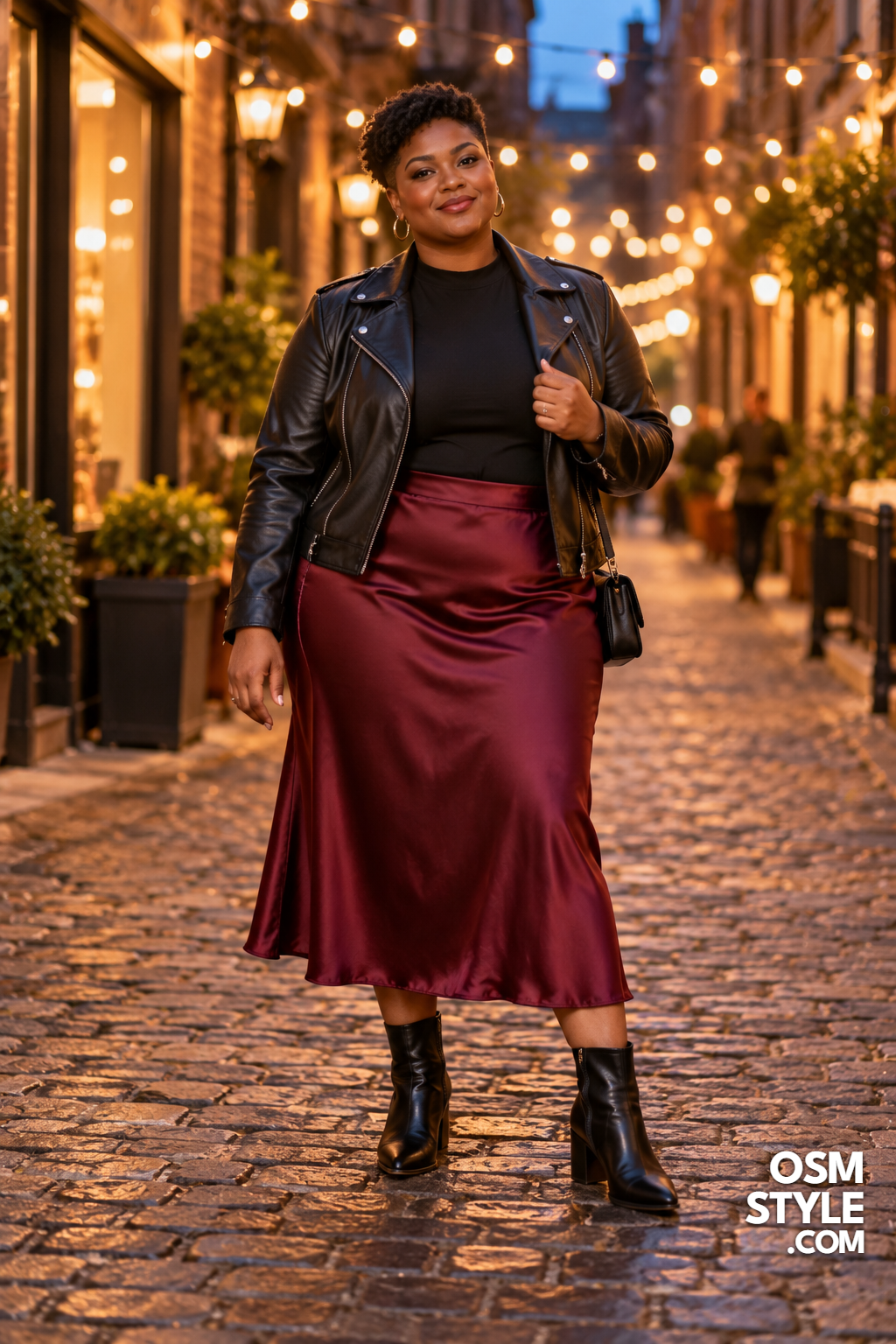 6. Burgundy Slip Skirt With a Moto Jacket