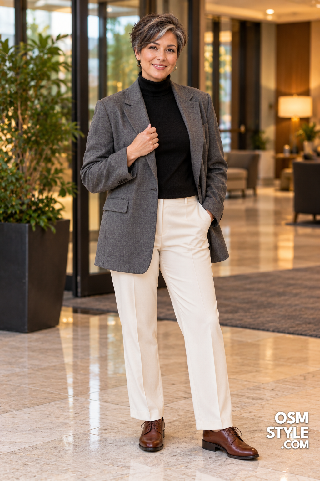 6. Gray Blazer Layered on Black Turtleneck