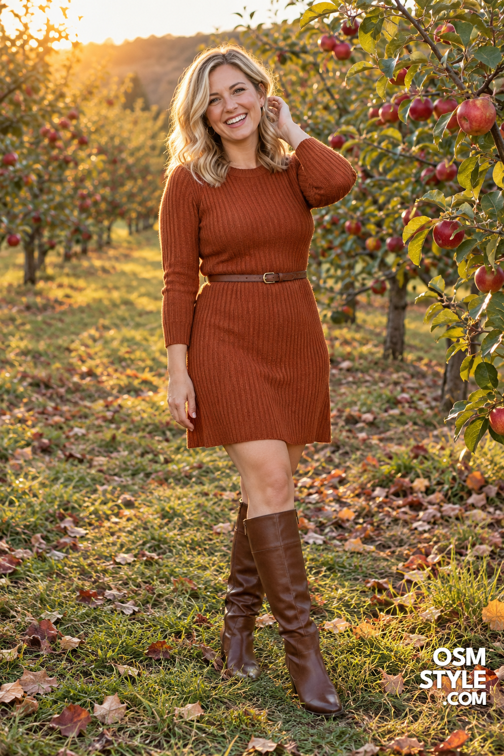 6. Tall Boots Under a Rust Knit Dress