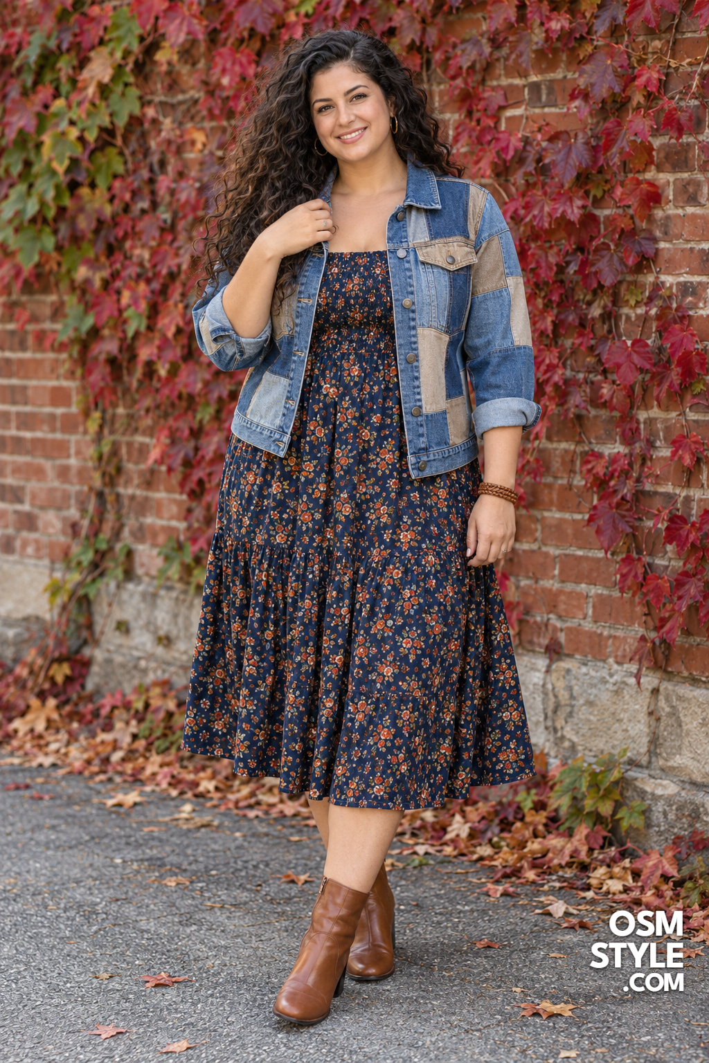 6.Patchwork Denim Jacket Over Floral Dress
