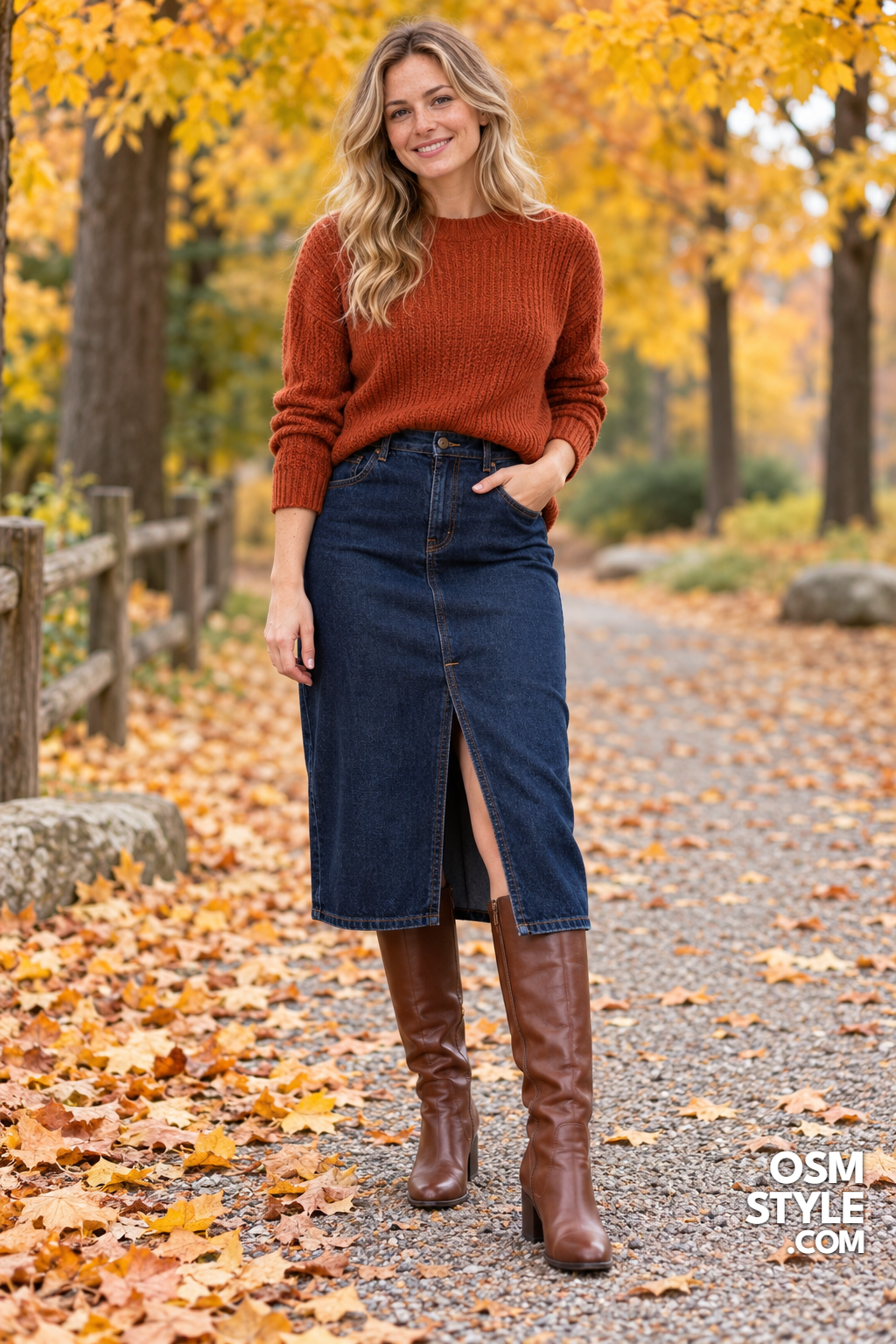 6.Rust Sweater Tucked Into Dark Denim Midi