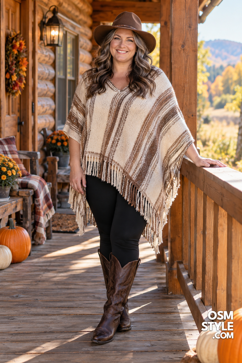 6.Striped Woven Poncho and Felt Hat