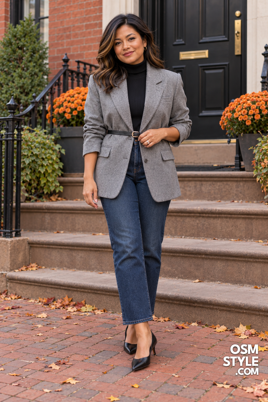 7. Gray Blazer Cinched at the Waist