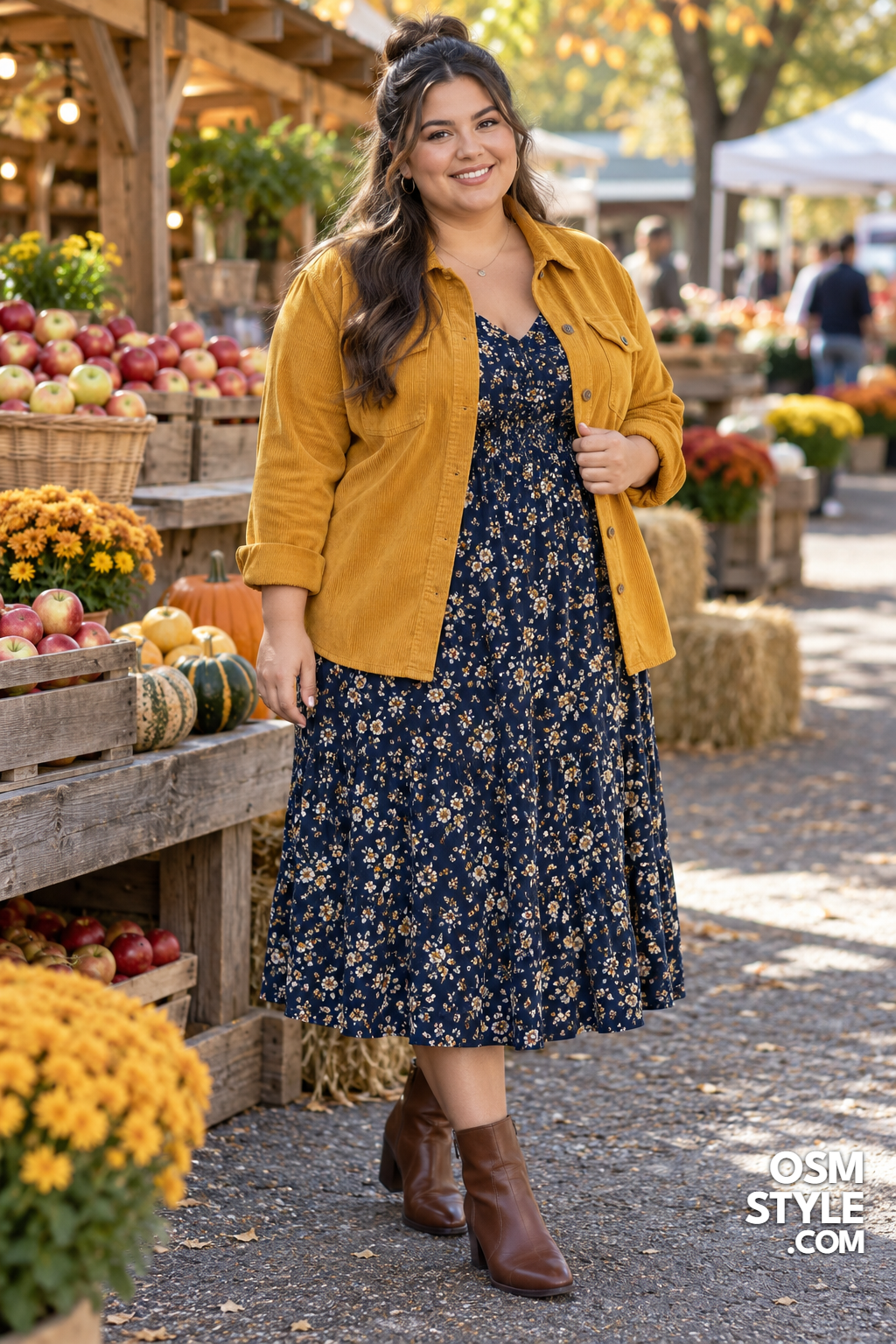 7. Mustard Shacket Meets a Floral Midi