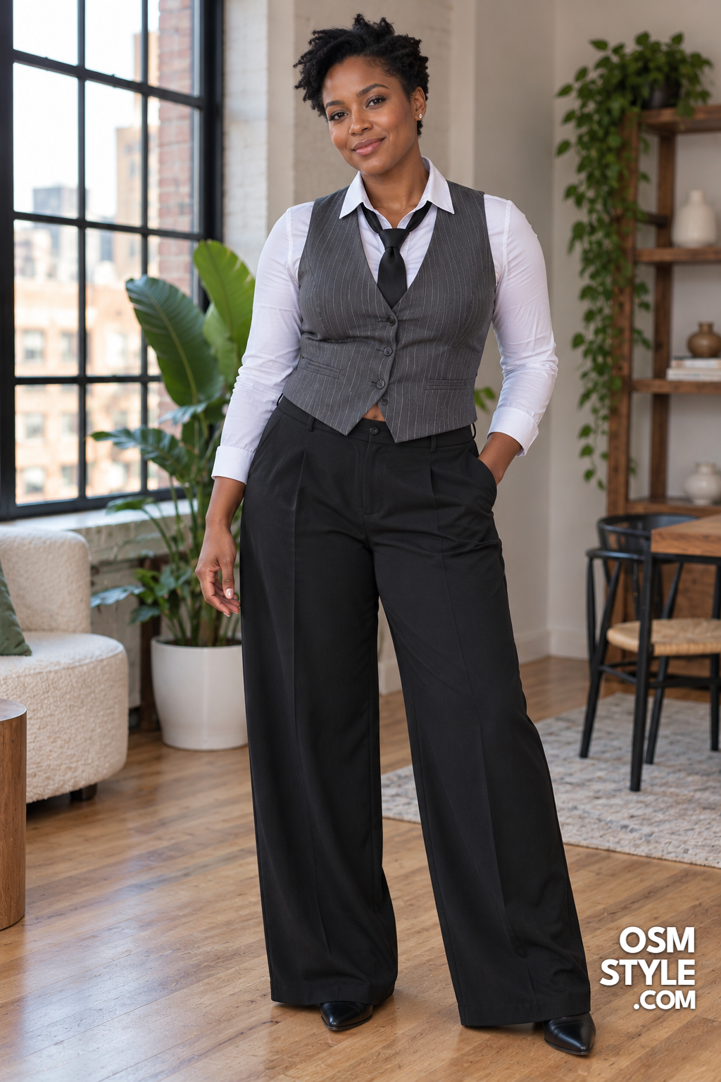 7. Pinstripe Vest With Wide Leg Trousers