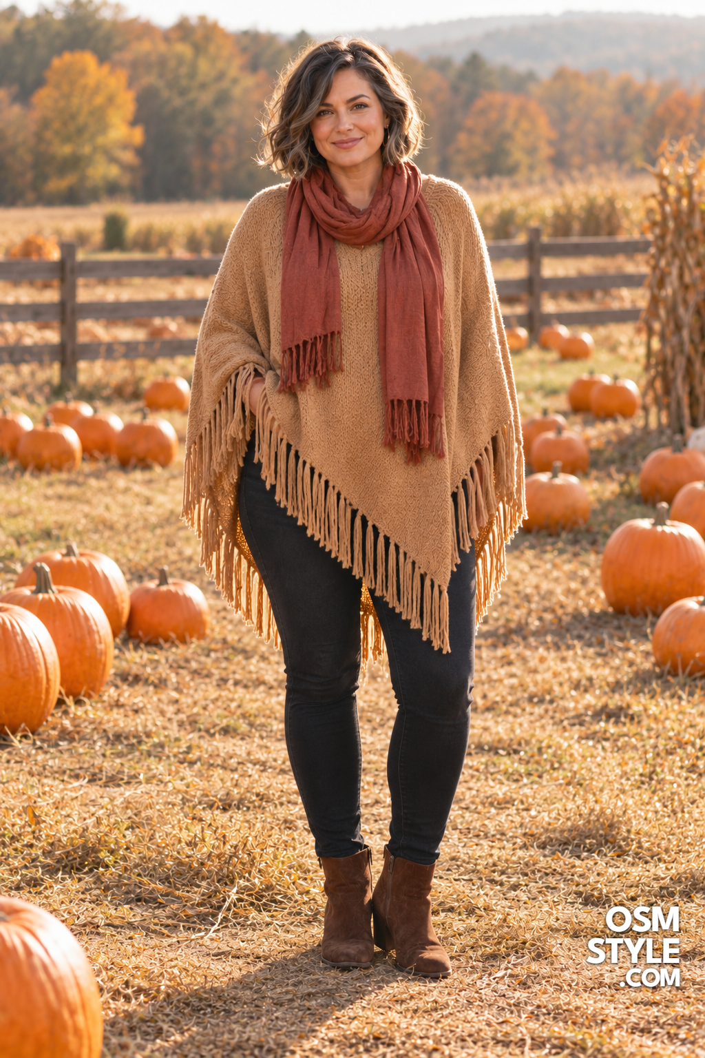 7.Camel Fringe Poncho With Black Jeans