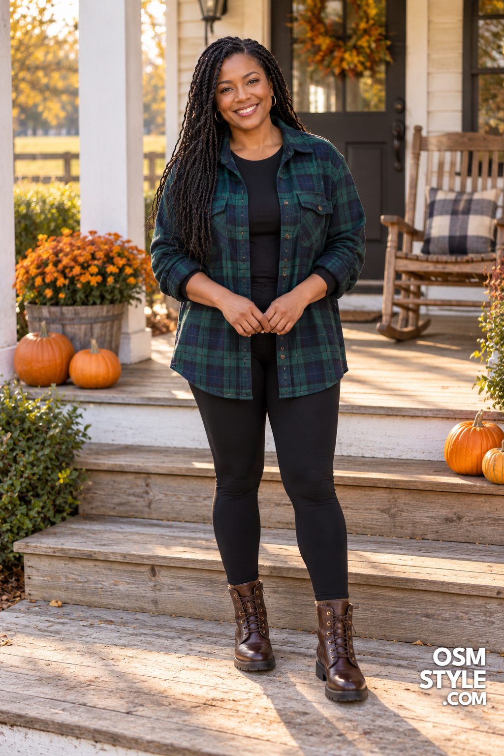7.Plaid Shacket Over Black Leggings