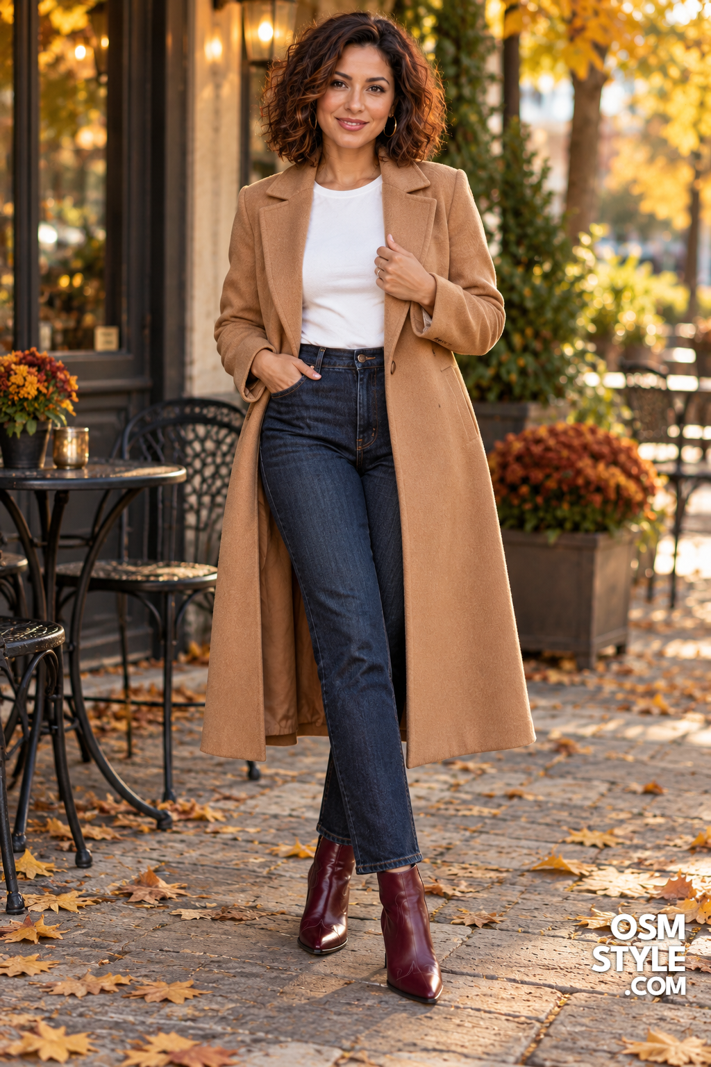 8. Burgundy Ankle Boots Under A Camel Coat