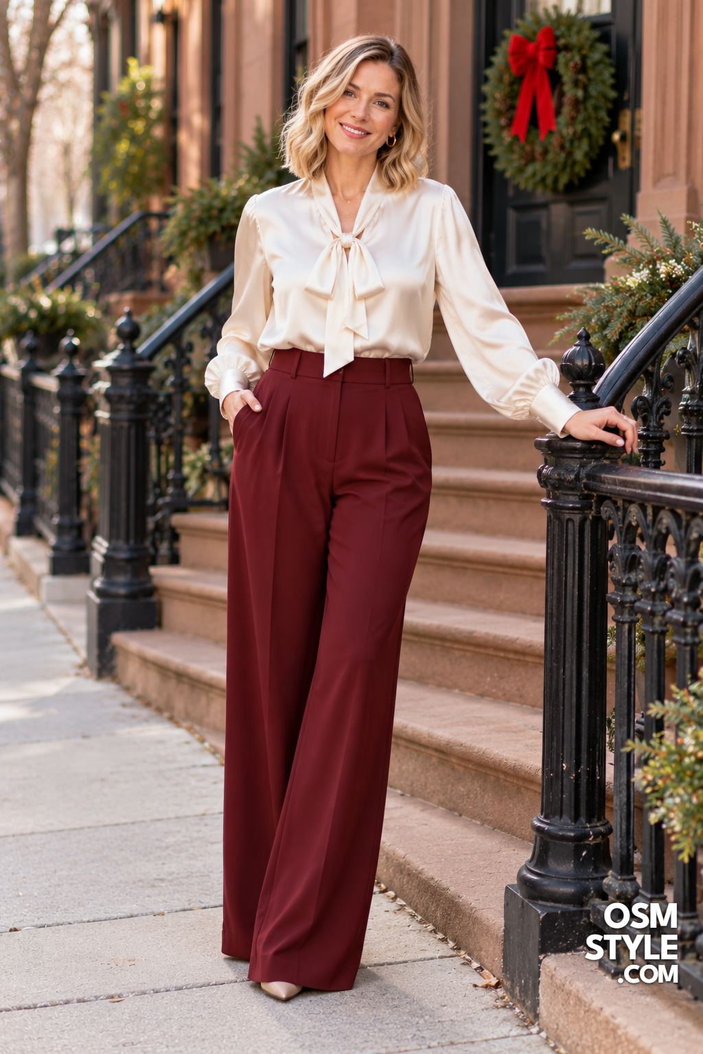 8. Burgundy Wide Leg Trousers And Satin Blouse