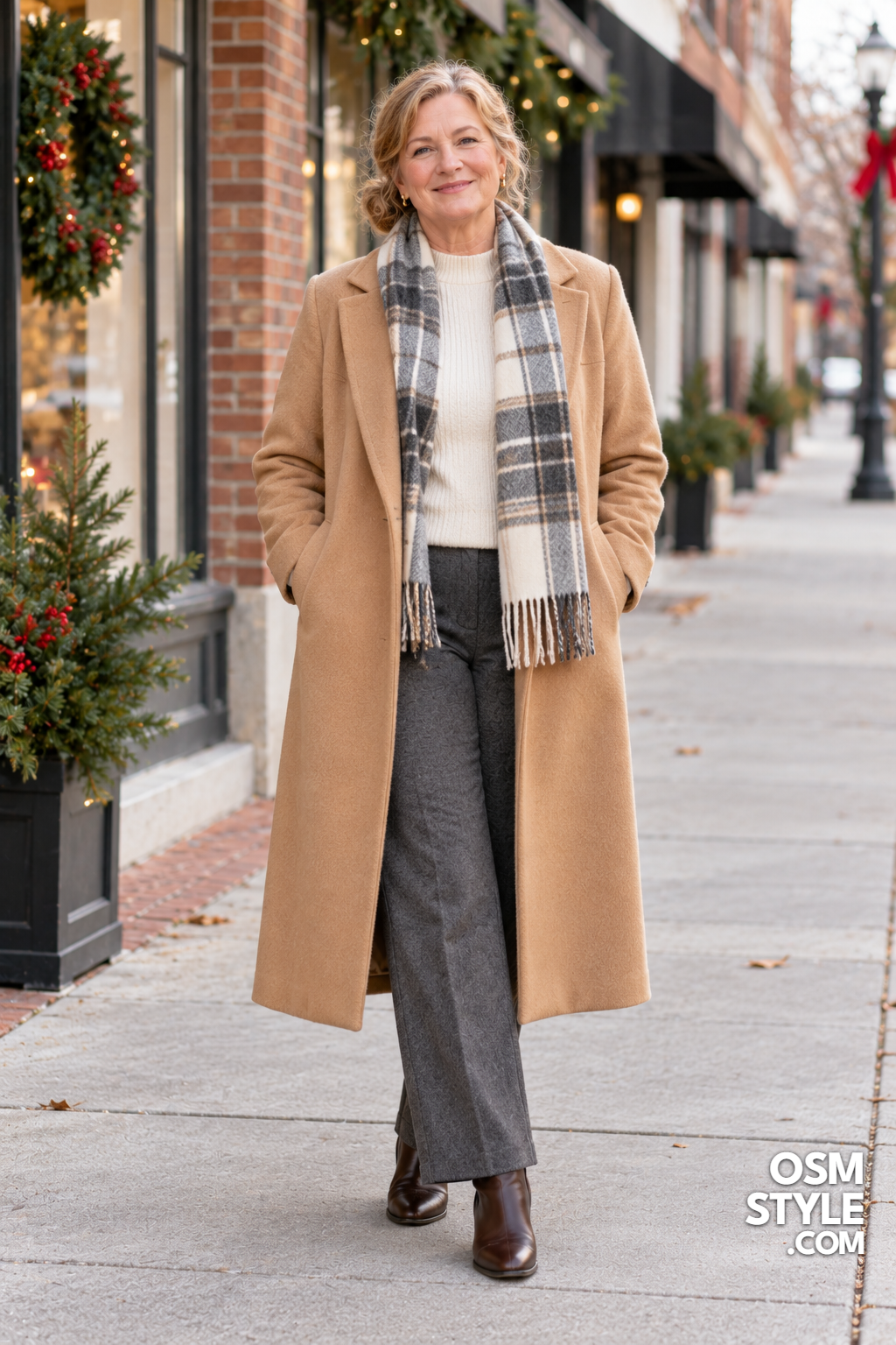 8. Camel Coat and Plaid Scarf Walk