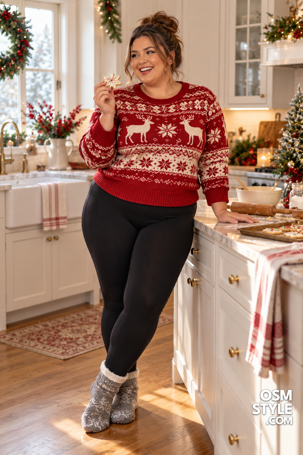 8. Reindeer Knit Sweater with Black Leggings