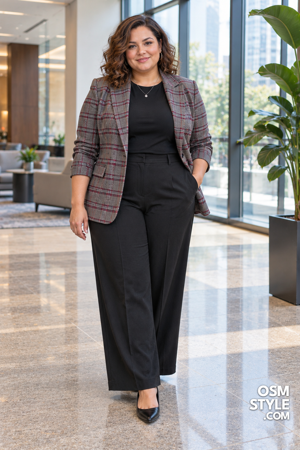 8. Plaid Blazer With Black Wide Leg Trousers