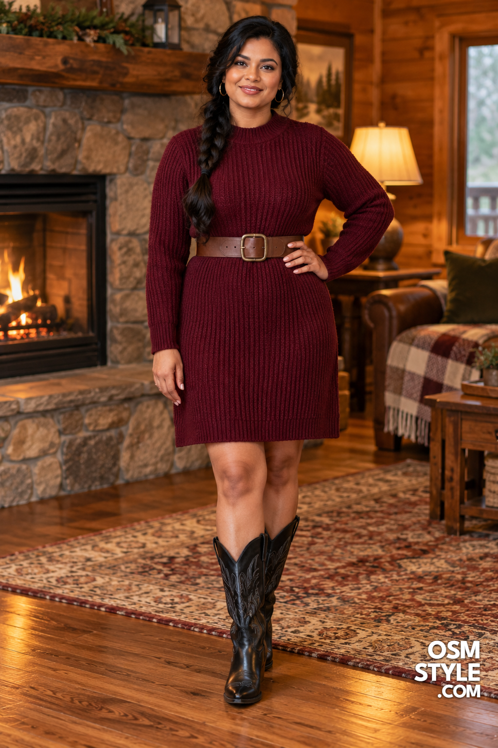 8.Burgundy Knit Dress With Wide Belt