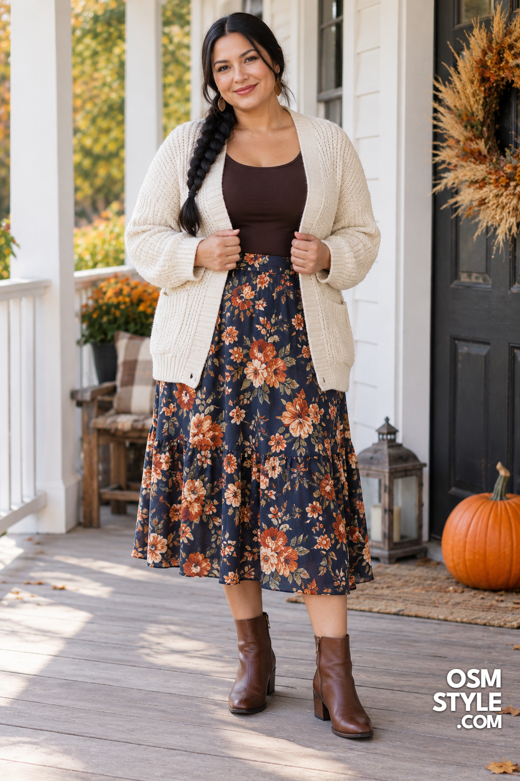 8.Floral Midi Skirt With Open Cardigan