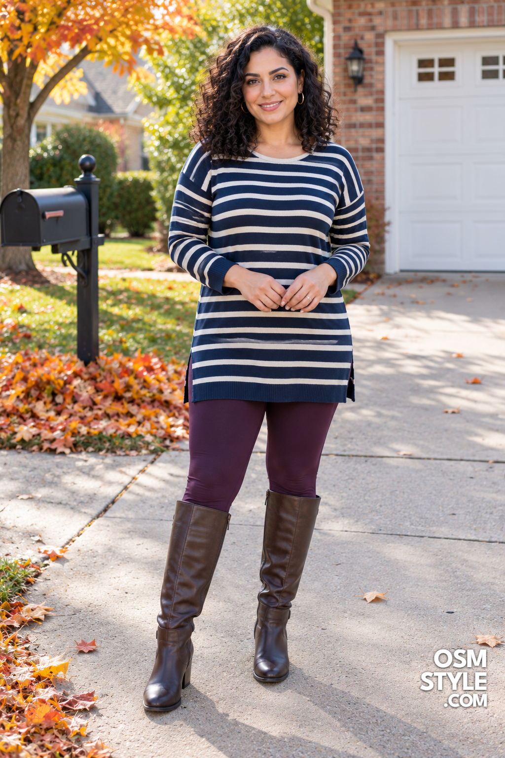 9. Knee High Boots With a Striped Tunic