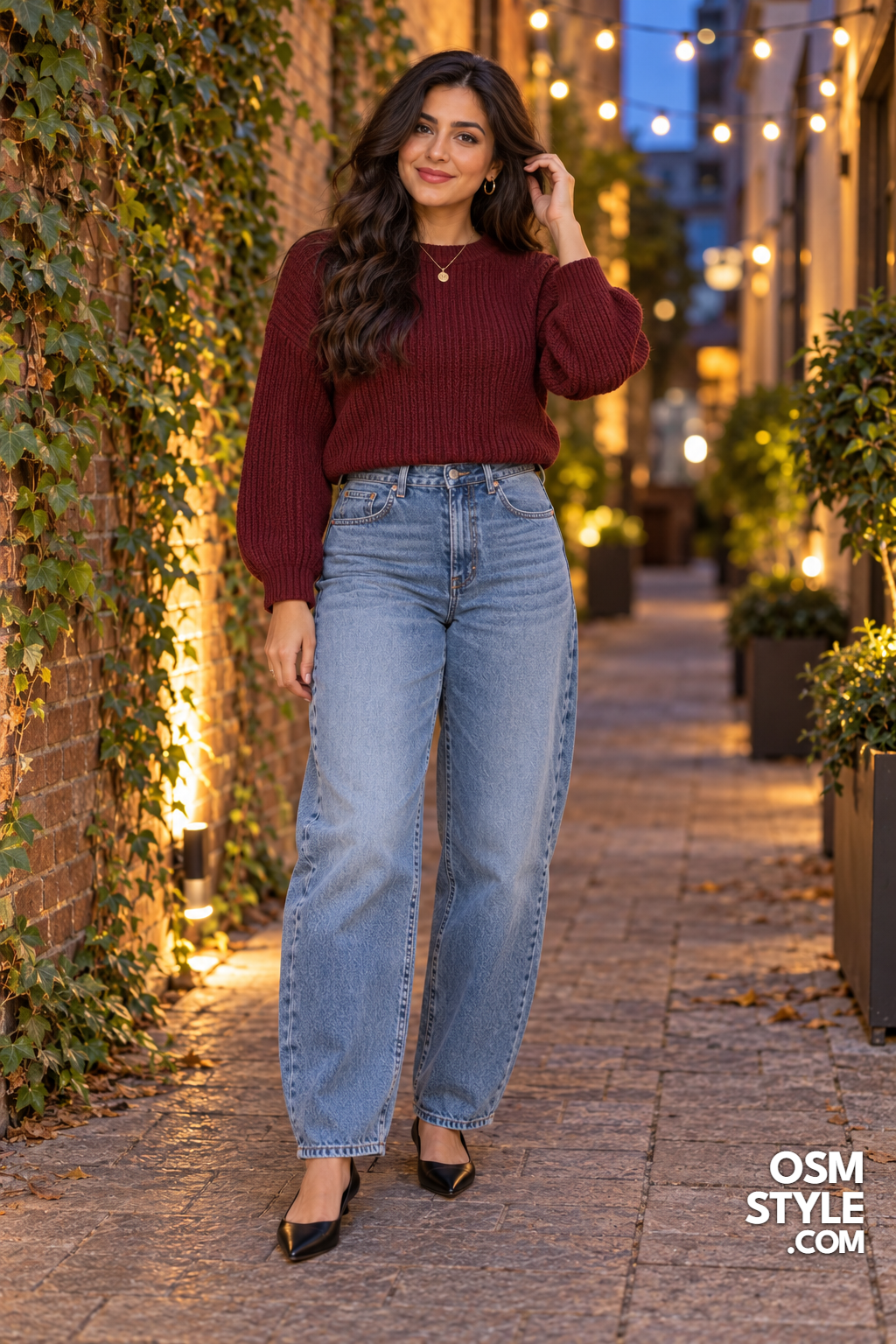 9. Barrel Leg Jeans And Burgundy Knit