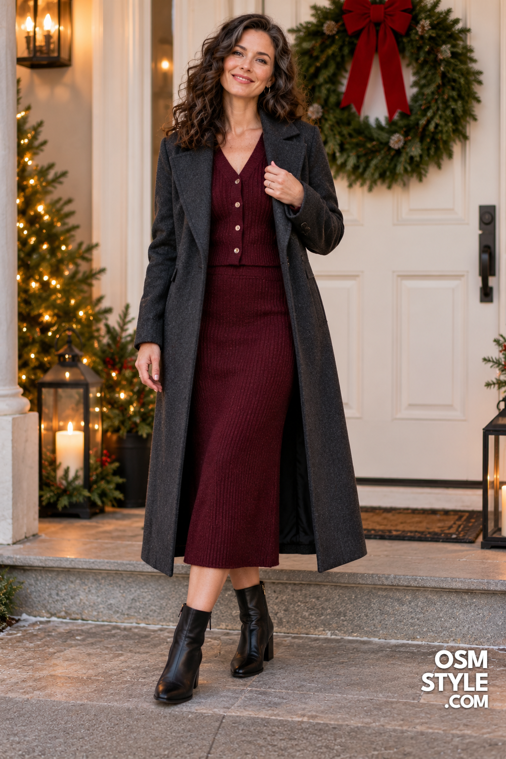 9. Burgundy Knit Set Under Charcoal Coat