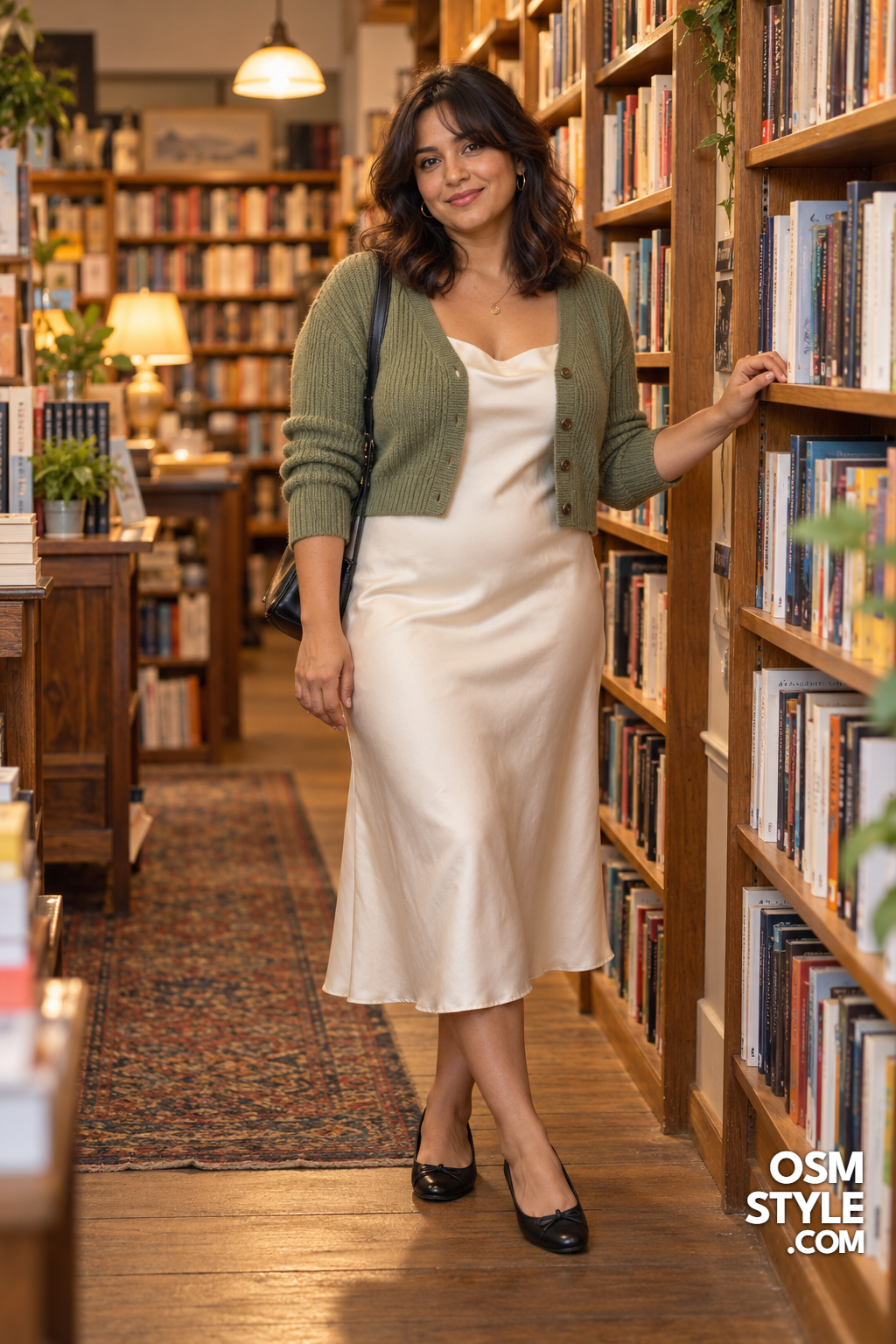 9. Cropped Sage Cardigan on a Slip Dress