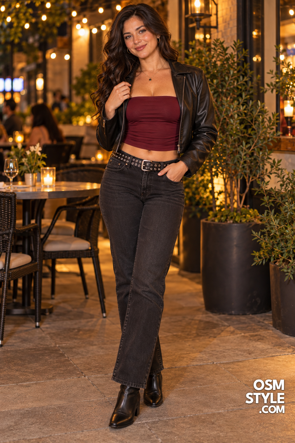 9. Faux Leather Jacket Over Burgundy Tube Top