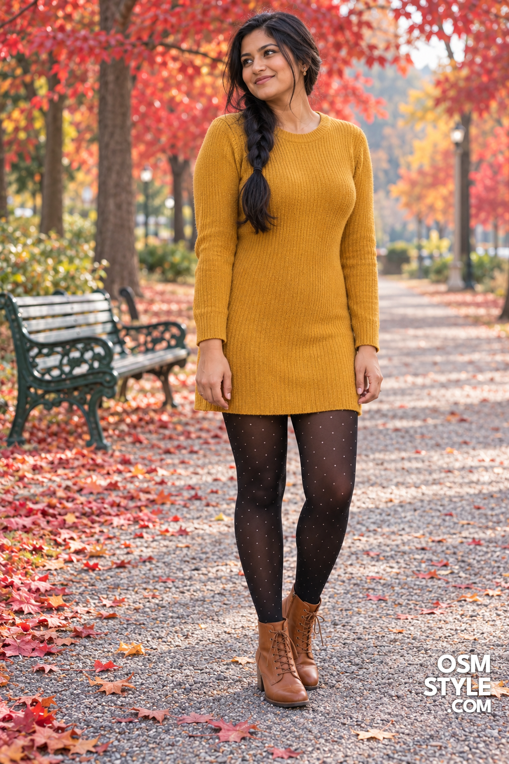 9. Mustard Sweater Dress and Polka Dot Tights