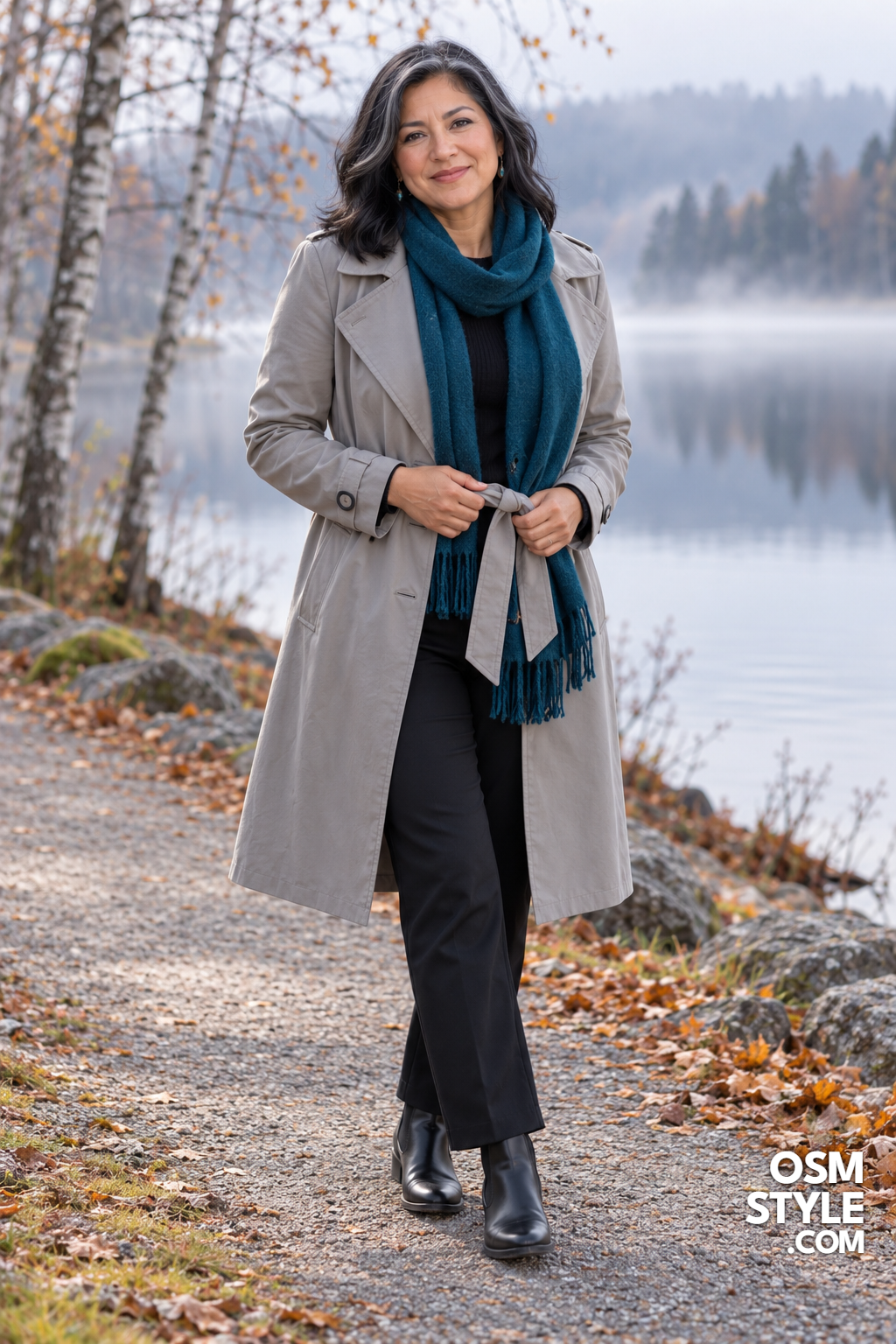 9.Stone Gray Trench With Teal Scarf